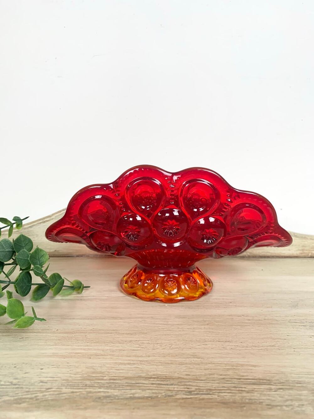 Vintage L.E. Smith Amberina Moon and Stars Banana Boat Glass Vase Mid Century